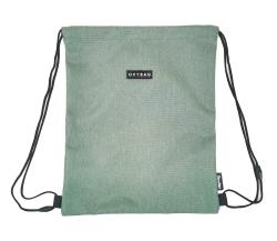 Grüner Rucksack aus Stoff mit Kordelzug. Auf der Vorderseite befindet sich ein schwarzes Logo.