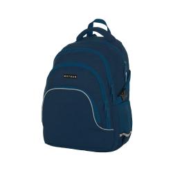 Dunkelblauer Rucksack mit mehreren Fächern und Reißverschlüssen. Tragegriffe und gepolsterte Rückseite.