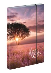 Notizbuch mit einem Bild von einem Sonnenuntergang hinter einem Baum. Lavendelfelder im Vordergrund. Text: 'Live Adventure' in geschwungener Schrift.