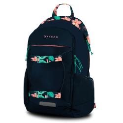 Dunkelblauer Rucksack mit floralen Akzenten. Zwei seitliche Fächer und verstellbare Träger.