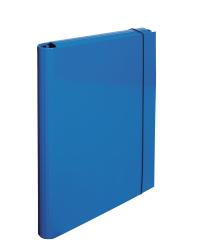 blauer Ordner mit elastischem Verschluss. Glatte, glänzende Oberfläche. Quadratische Form.