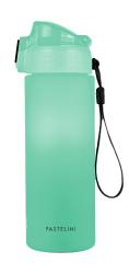 grüne Wasserflasche mit einem transparenten Deckel. Hat einen Tragegriff und eine matte Oberfläche.