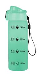 grüne Wasserflasche mit einem transparenten Deckel. Hat einen Tragegriff und eine matte Oberfläche.