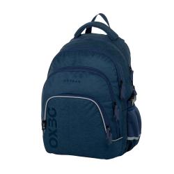 Dunkelblauer Rucksack mit mehreren Fächern. Logo 'OXYBAG' auf der Vorderseite. Gepolsterte Träger und Handgriff oben.