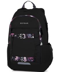 Schwarzer Rucksack mit floralem Muster an den Trägern. Logo OXYBAG auf der Vorderseite.