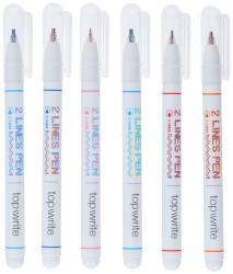 Sechs Stifte mit zwei Linien in verschiedenen Farben. Jeder Stift hat eine feine Spitze und einen durchsichtigen Deckel.