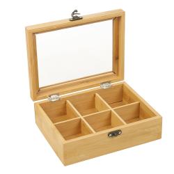 Holzkiste mit transparentem Deckel. Sechs Fächer im Inneren.