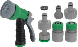 Gartenbrause mit mehreren Sprühfunktionen. Enthält verschiedene Adapter und Dichtungen.