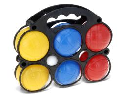 Ein Spielgerät mit sechs bunten, runden Knöpfen in Gelb, Blau, Rot und Weiß. Es hat einen Griff und ist für taktile Spiele gedacht.