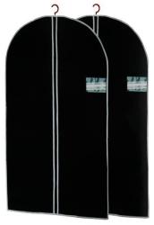 zwei schwarze Kleidersäcke mit abgerundeten Oberteilen. Weiße Nähte und transparente Taschen für Etiketten. Haken zum Aufhängen.