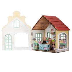 Verpackung für ein Miniatur-Seifenladen-Bausatz. Enthält ein Modell mit LED-Licht und einem kleinen Verkaufsstand.
