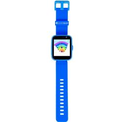 blaues Smartwatch mit quadratischem Bildschirm. Auf dem Display ist ein buntes, grafisches Symbol zu sehen.