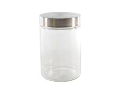 Glasbehälter mit einem silbernen Deckel. Transparent und ohne Inhalt.