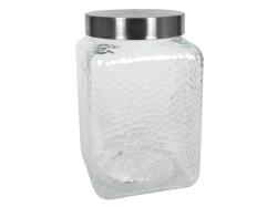 Glasbehälter mit strukturierter Oberfläche und einem metallischen Deckel. Rechteckige Form, transparent.