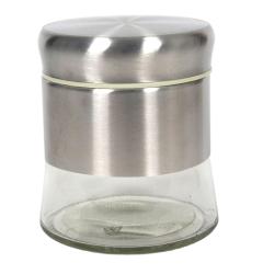 Glasbehälter mit einem metallischen Deckel. Der untere Teil ist transparent.