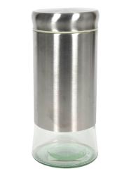 Glasbehälter mit einem metallenen Deckel. Der untere Teil ist transparent und zeigt den Inhalt.