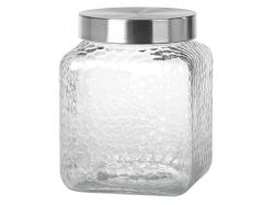 Glasbehälter mit strukturierter Oberfläche und metallischem Deckel. Rechteckige Form, transparent.