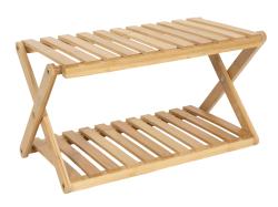 Holzregal aus Bambus mit zwei Ablagen. Klappbar und leicht.
