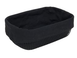 schwarze Aufbewahrungskorb mit einem Stoffrand. Drahtgitterboden. Rechteckige Form.