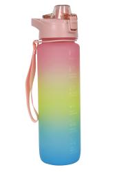 Wasserflasche mit Farbverlauf von Pink zu Blau. Markierungen zur Erinnerung ans Trinken sind sichtbar.
