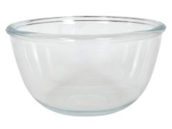 Durchsichtige Glasschüssel mit breitem Rand. Rund und ohne Muster.