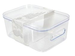 Transparente Aufbewahrungsbox mit Deckel. Rechteckige Form und seitliche Griffe.
