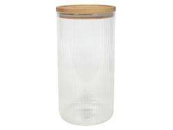 Transparenter Glasbehälter mit gerillter Oberfläche. Holzdeckel oben.