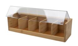 Holzbehälter aus Bambus mit transparentem Deckel. Fünf Fächer für Aufbewahrung. Schlichtes Design.