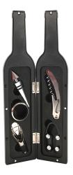 Schwarze Box in Flaschenform. Enthält fünf Weinaccessoires: Korkenzieher, Tropfenfänger, Ausgießer, Verschluss und Folienabschneider.