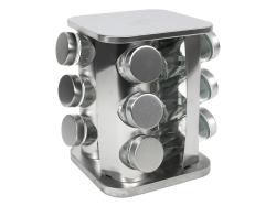 Küchengewürzständer aus Edelstahl mit mehreren Glasbehältern. Kompakte, moderne Form.
