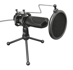 schwarzes Mikrofon auf einem Stativ. Mit einem Popfilter davor. Kabel sichtbar.