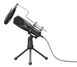 schwarzes Mikrofon auf einem Stativ. Mit einem Popfilter davor. Kabel sichtbar.
