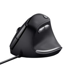 schwarze ergonomische Computermaus mit zwei seitlichen Tasten. Kabelgebunden mit einer geschwungenen Form.