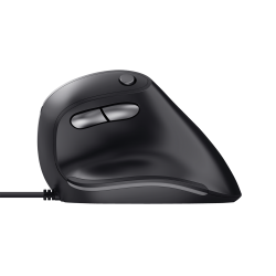 schwarze Computermaus mit zwei Tasten und einem Scrollrad. Ergonomisches Design.
