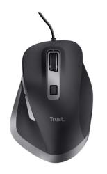 schwarze Computermaus mit ergonomischem Design. Enthält Scrollrad und seitliche Tasten.