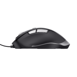 schwarze Computermaus mit ergonomischem Design. Enthält Scrollrad und seitliche Tasten.