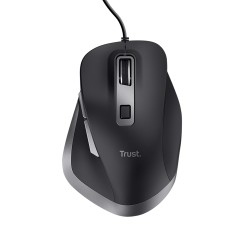 schwarze Computermaus mit ergonomischem Design. Enthält Scrollrad und seitliche Tasten.