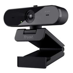 Webcam in Schwarz mit einem kompakten Design. Sie hat eine integrierte Halterung für Monitore.