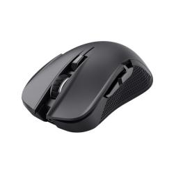 schwarze Computermaus mit zwei Haupttasten, Scrollrad und seitlichen Tasten. Ergonomisches Design, leicht gewölbt.