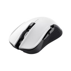 weiße Gaming-Maus mit zwei Haupttasten und einem Scrollrad. Ergonomisches Design, seitliche Gummibeschichtung für besseren Halt.