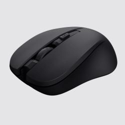 Schwarze Computermaus mit zwei Tasten und einem Scrollrad. Schlichtes Design ohne auffällige Muster.
