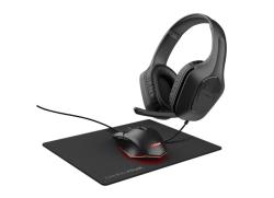 schwarzes Headset mit gepolsterten Ohrmuscheln. Mikrofon an der Seite. Gaming-Maus mit rotem Licht und Mauspad.
