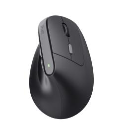 schwarze ergonomische Computermaus mit seitlichem Scrollrad. Eine grüne LED leuchtet an der Unterseite.