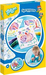 Verpackung für Spraypens. Bunte Stifte zum Sprühen. Abgebildete Zeichnungen: Eule, Schmetterling. Kind malt mit Stift.
