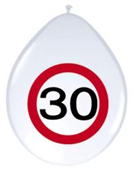 weißer Ballon in Tropfenform. Aufdruck eines Verkehrszeichens mit der Zahl 30 in schwarzer Schrift, umgeben von einem roten Kreis.
