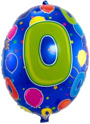 grüner Ballon in Form der Zahl 0. Bunt mit Sternen und geometrischen Formen. Glänzende Oberfläche.