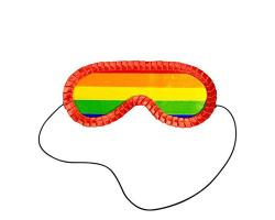 Sonnenbrille mit buntem Regenbogenmuster. Der Rahmen ist rot und die Gläser sind in verschiedenen Farben.