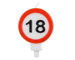 Kerze in Form eines Verkehrsschildes. Rot-weißer Kreis mit der Zahl 18 in schwarz. Oben ein Docht.