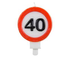 Kerze in Form eines Verkehrsschildes mit der Zahl 40. Roter Rand und weiße Mitte.