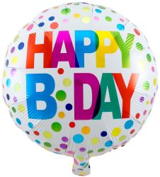 Runde Folienballon mit bunten Punkten. Aufschrift 'HAPPY B.DAY' in verschiedenen Farben.